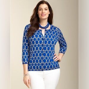Talbots Blue and White Chain Print 3/4 Sleeve Small Nautical Cardigan